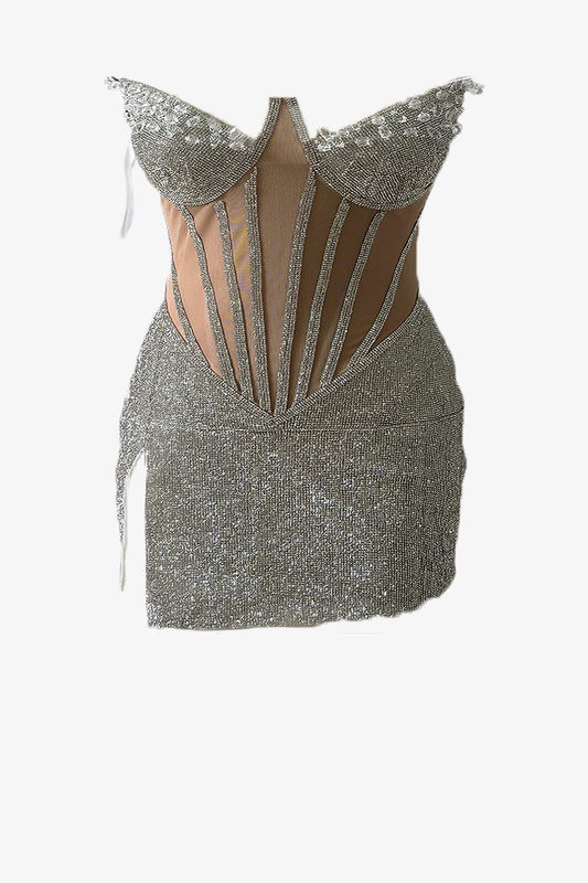 Silver Rhinestone Corset Mini Dress