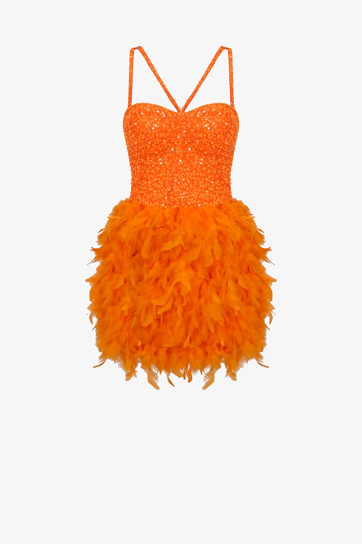 Orange Feather Embellished Sequin Mini Dress