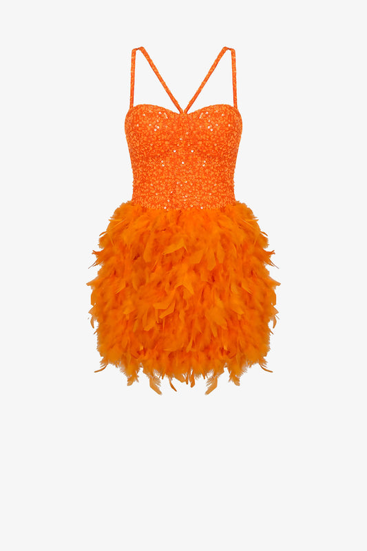 Orange Feather Embellished Sequin Mini Dress