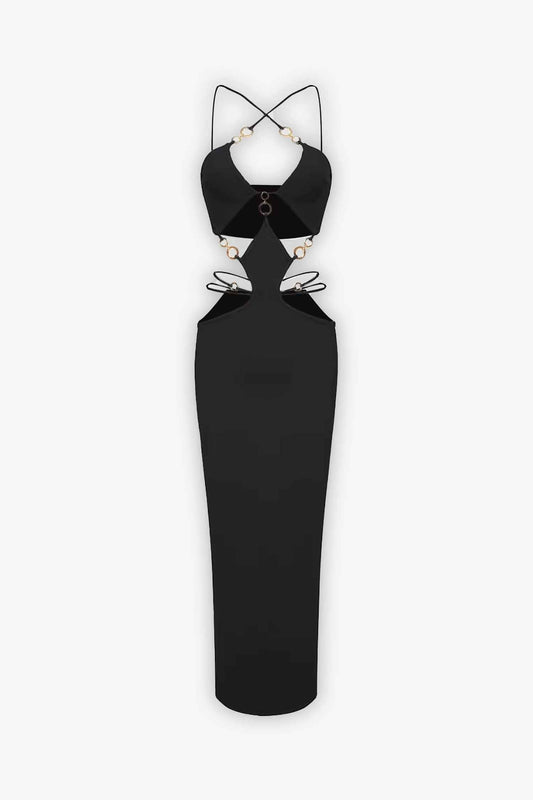 Black Cutout Ring Strappy Maxi Dress with Gold Chain Detail Dress