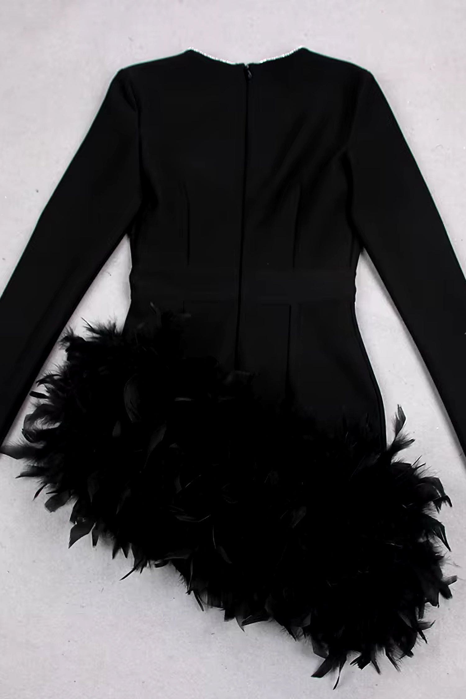 Black Long Sleeves Feather Skirt Mini Dress