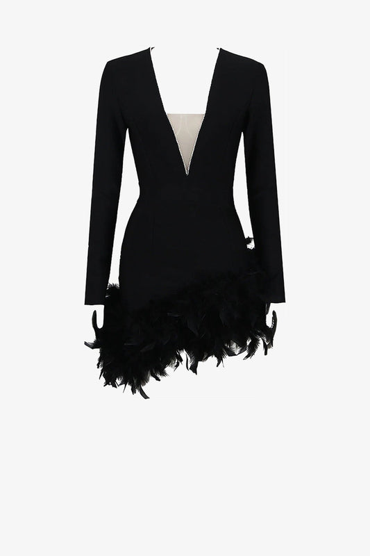 Black Long Sleeves Feather Skirt Mini Dress / Xs