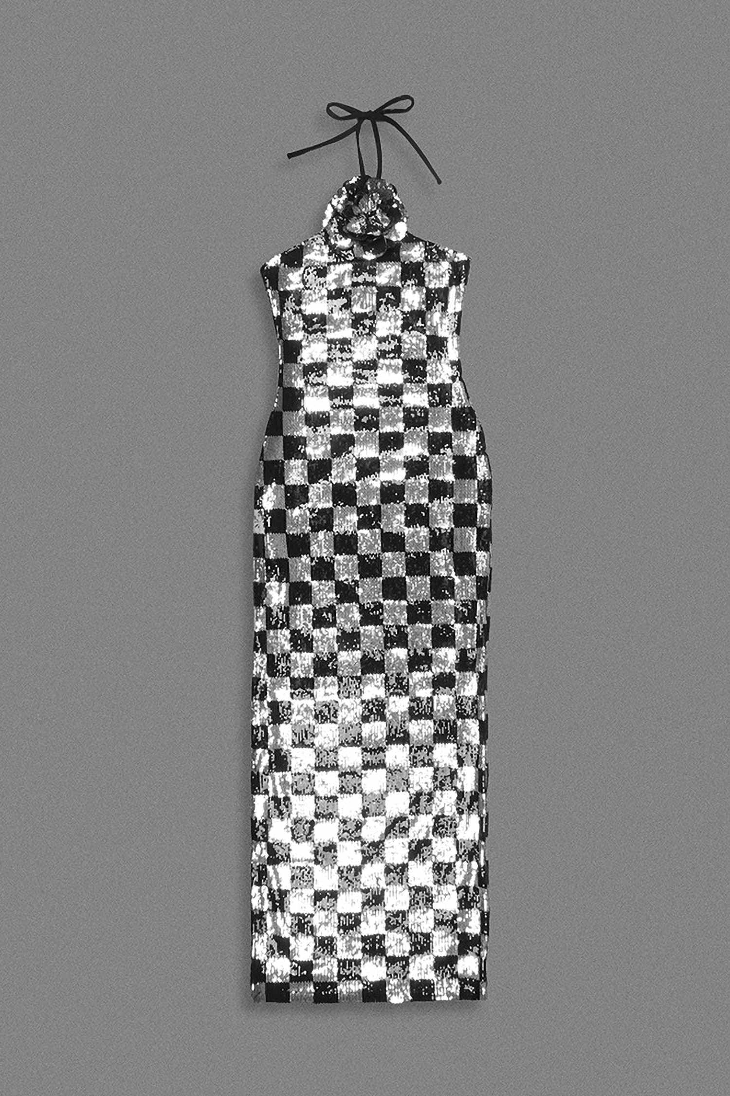 Black & Silver Sequin Halter Checkerboard Maxi Dress Dress