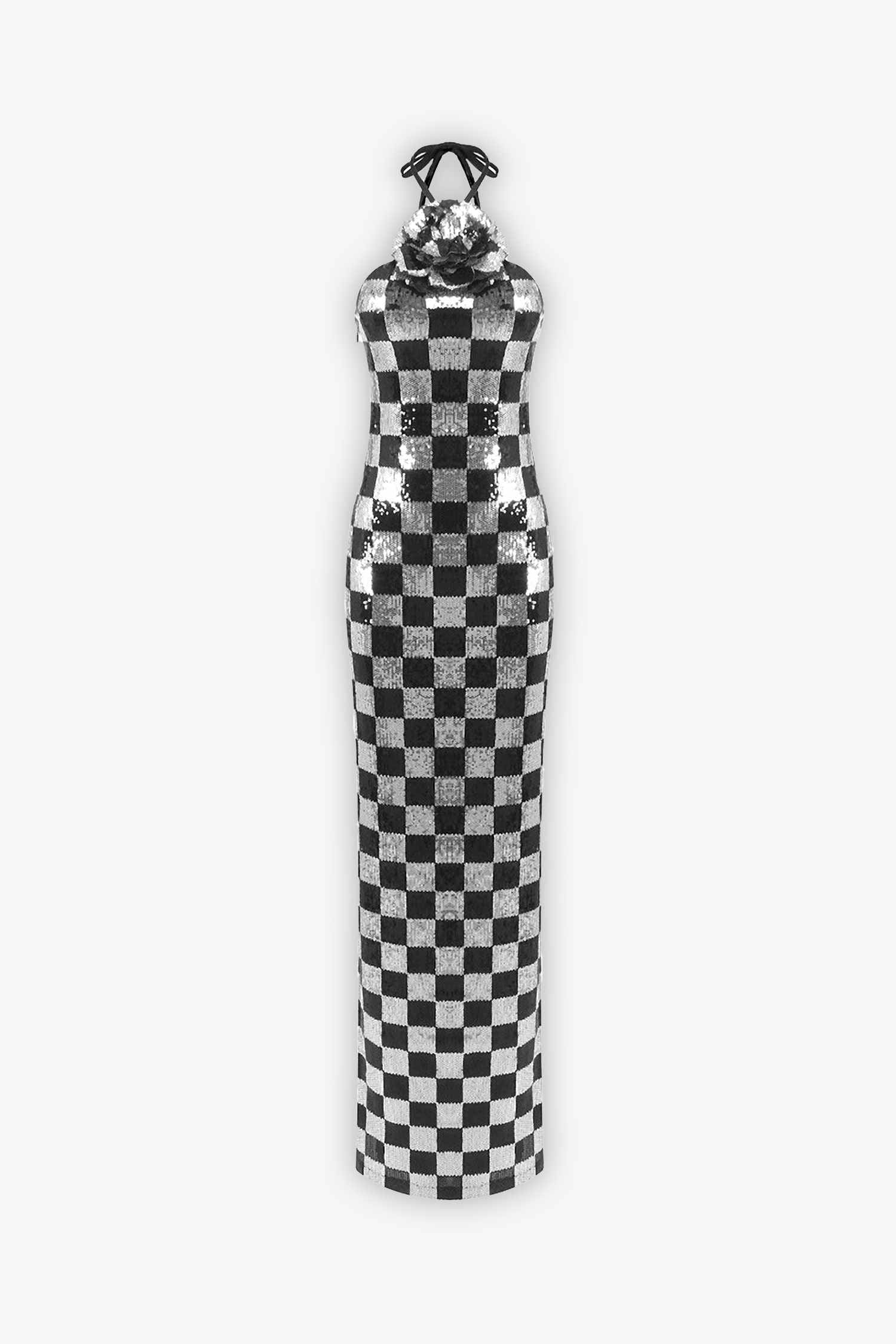 Black & Silver Sequin Halter Checkerboard Maxi Dress Dress