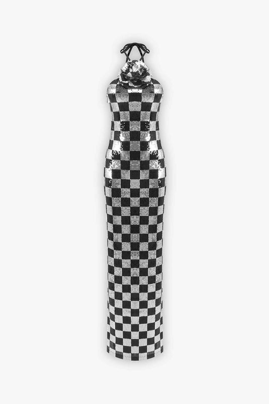 Black & Silver Sequin Halter Checkerboard Maxi Dress Dress