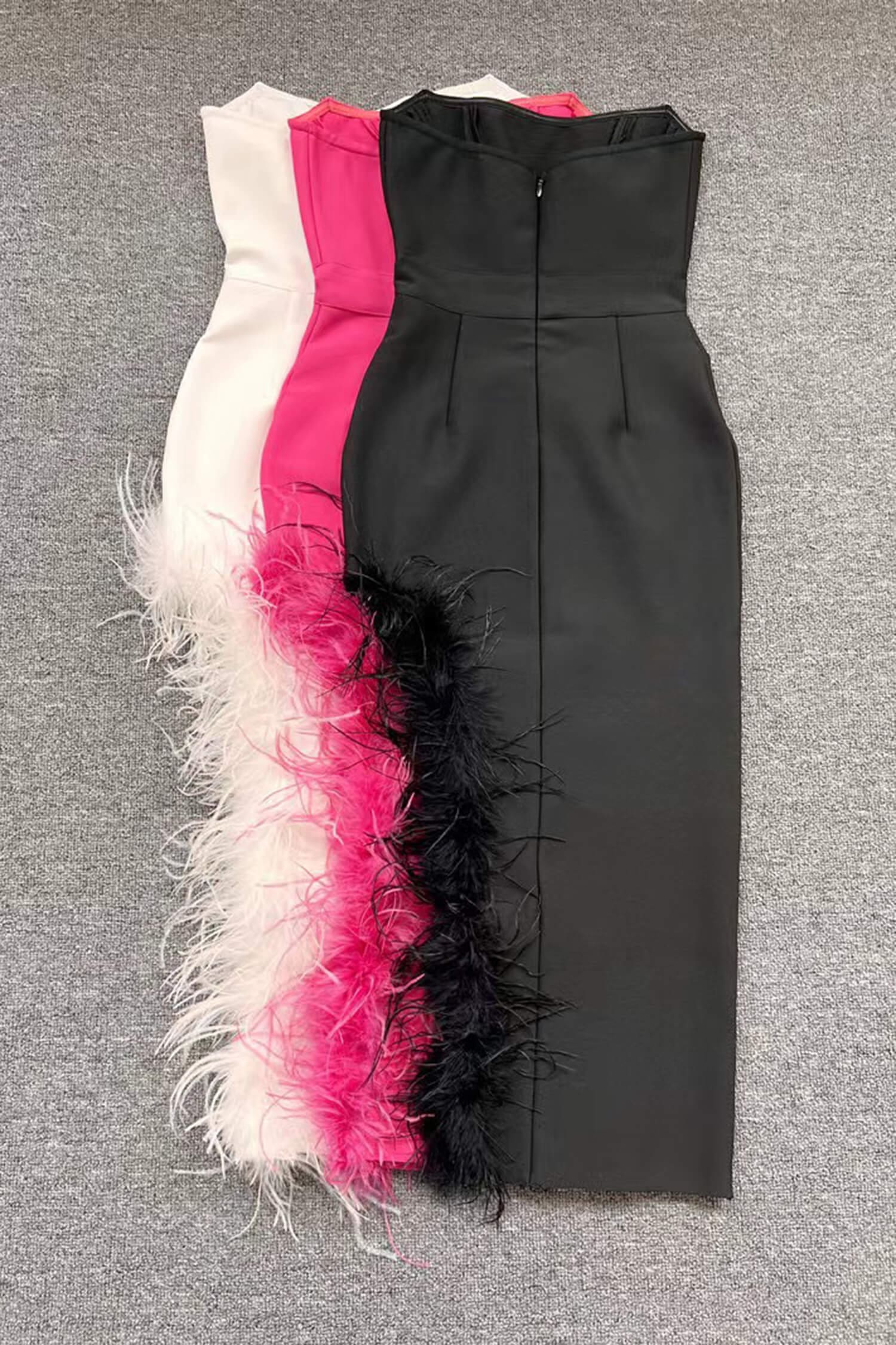 Black Strapless Feather Trim Asymmetrical Midi Dress