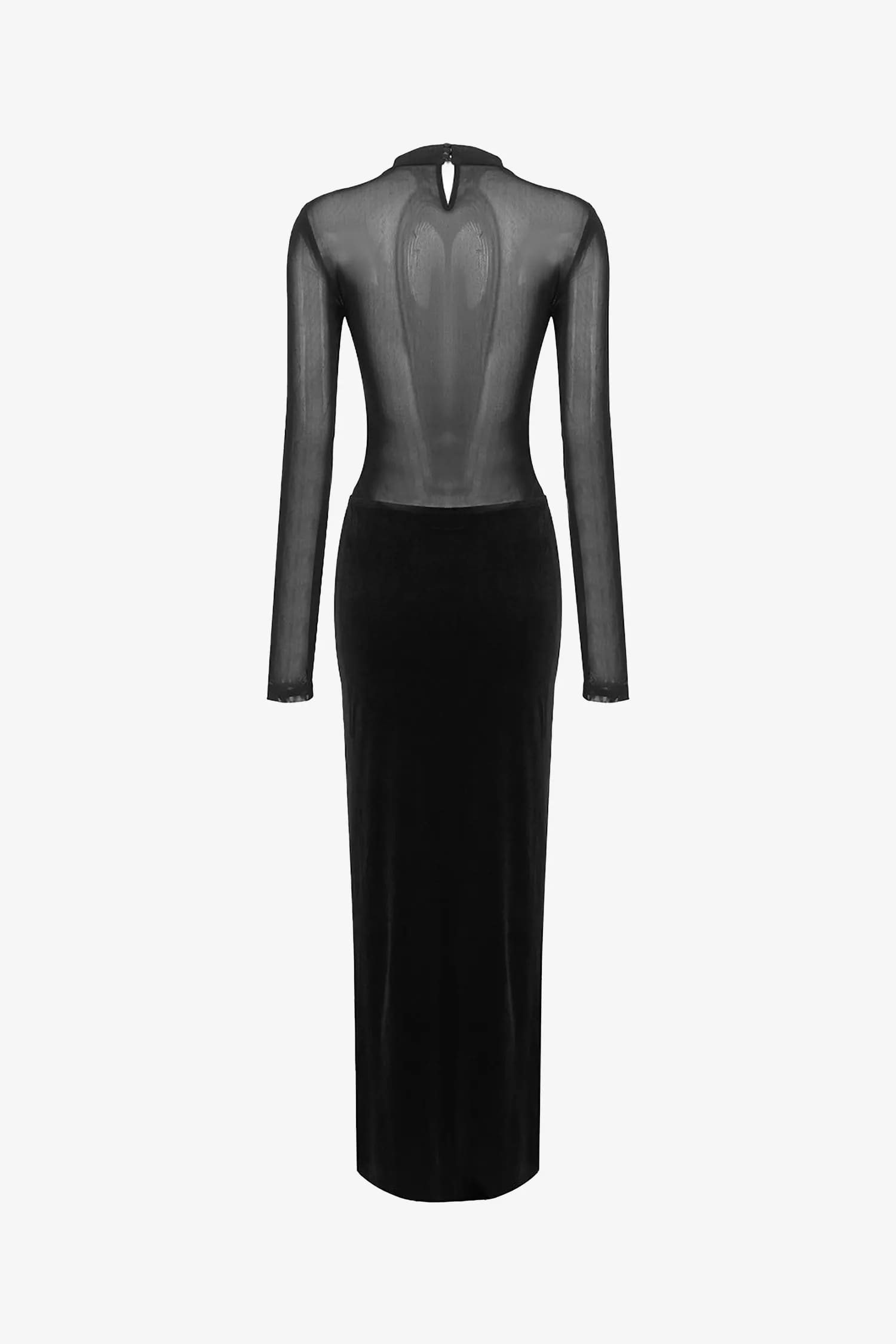 Black Velvet Mesh Long Sleeve Midi Dress