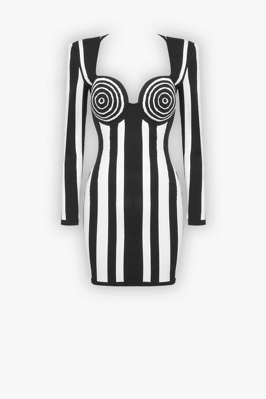 Black & White Striped Long Sleeve Knit Mini Dress / 2