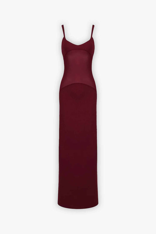 Burgundy Mesh Panel Sleeveless Maxi Dress Dress