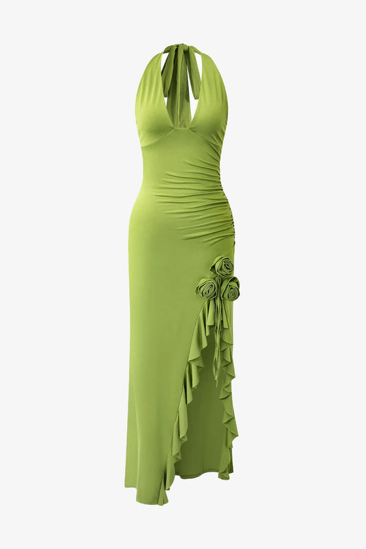 Green Ruffle Split Maxi Dress