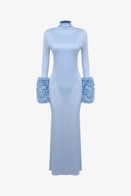 Light Blue Ruffled Sleeve High Neck Maxi Dress