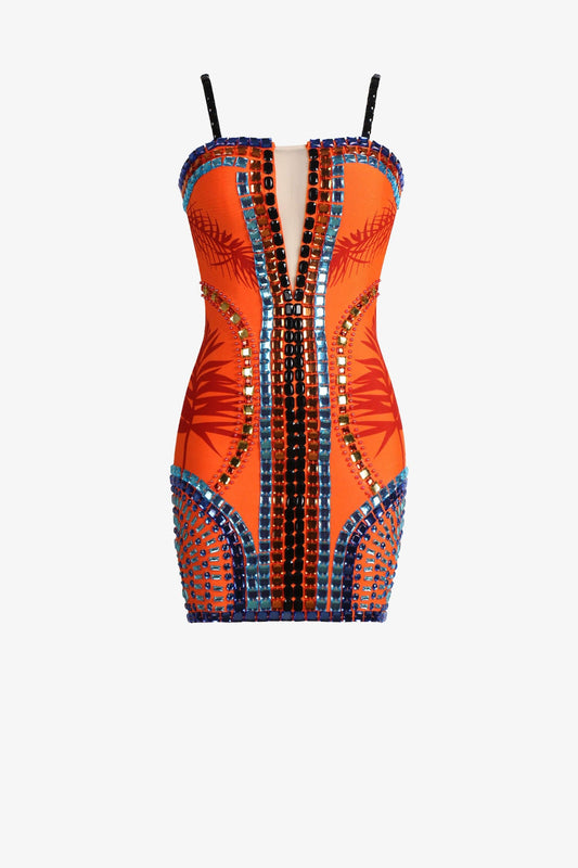 Orange Spaghetti Strap Embellished Mini Dress / Xs