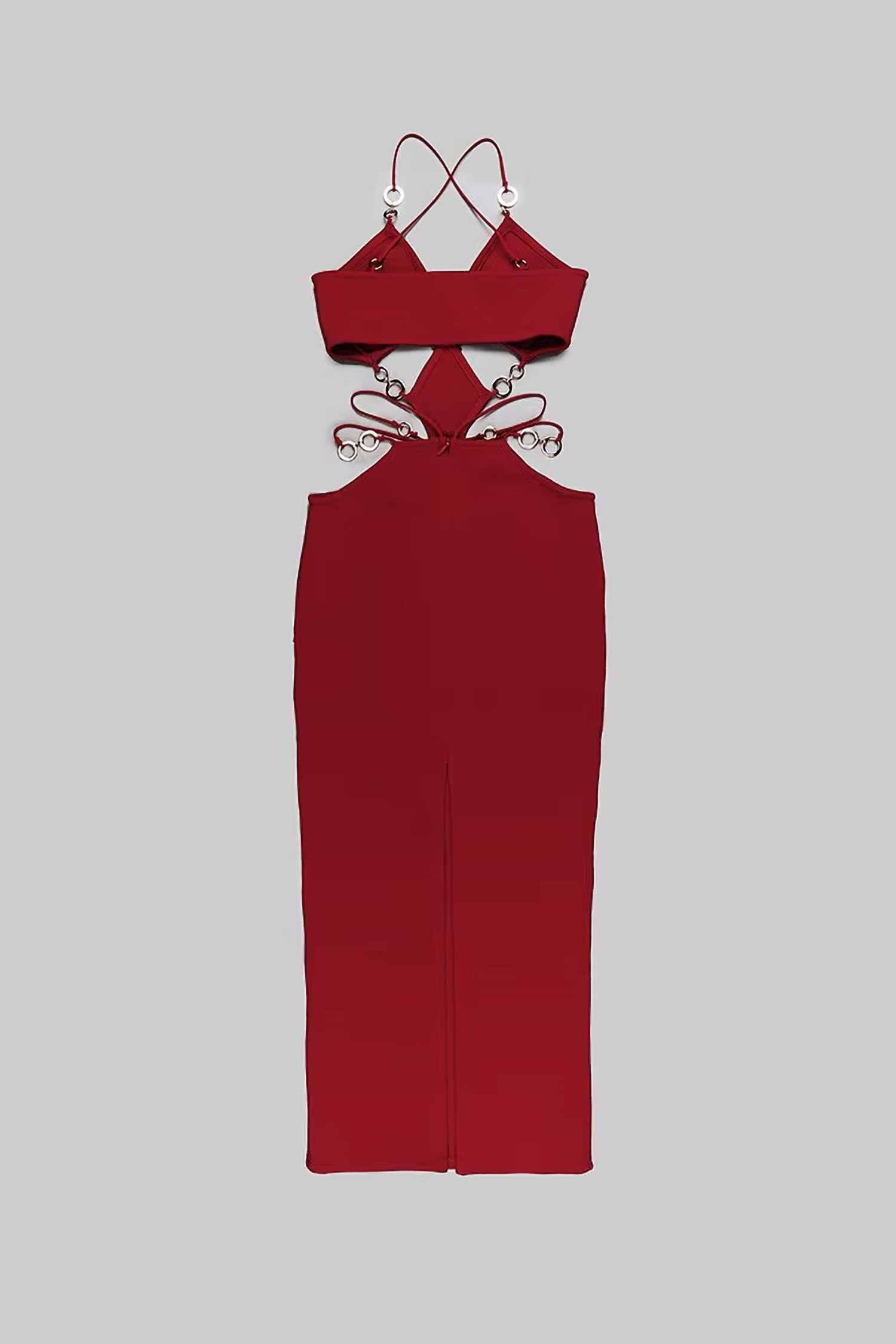 Red Gold Chain Cutout Bodycon Maxi Dress Dress