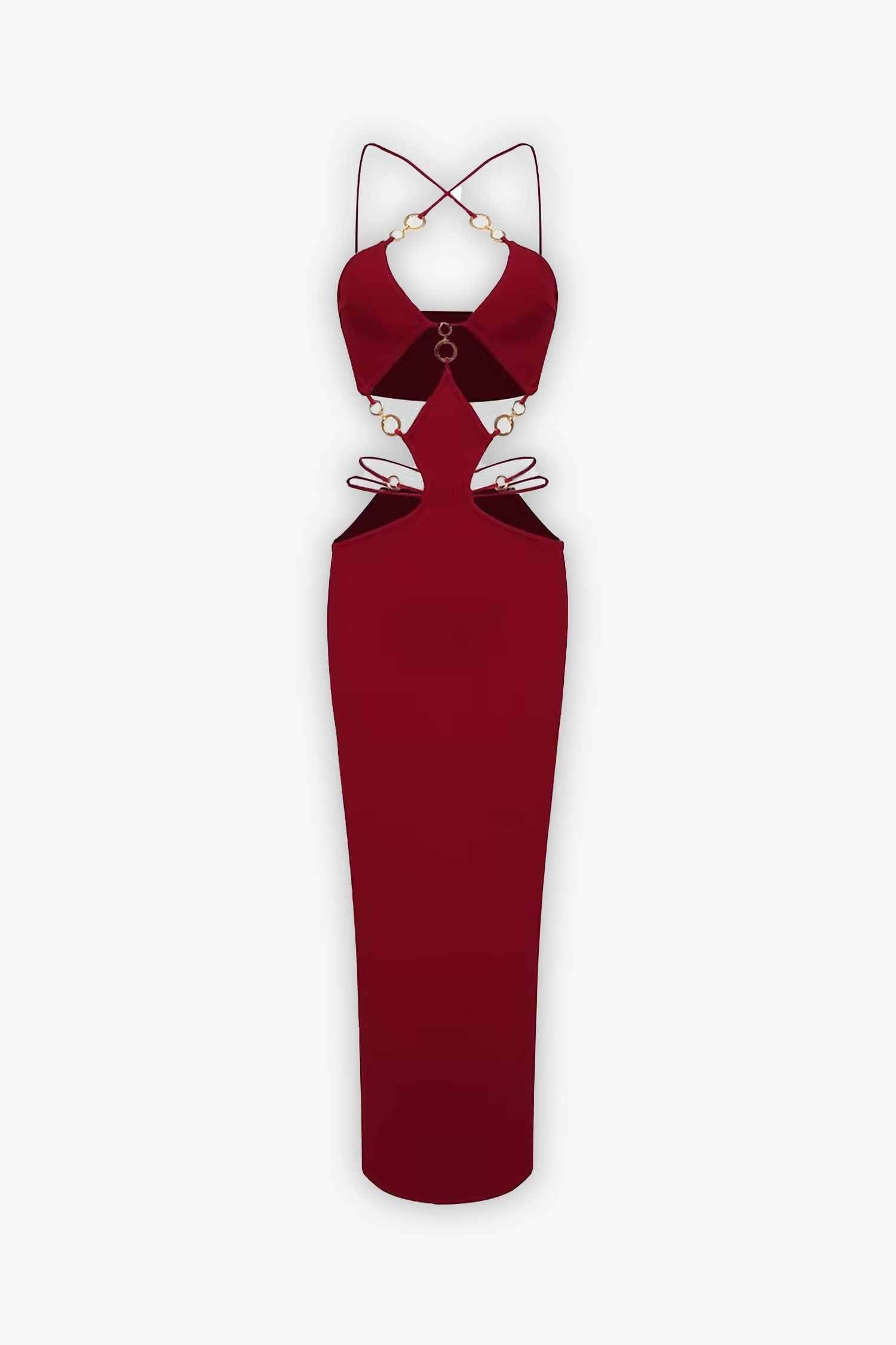 Red Gold Chain Cutout Bodycon Maxi Dress Dress