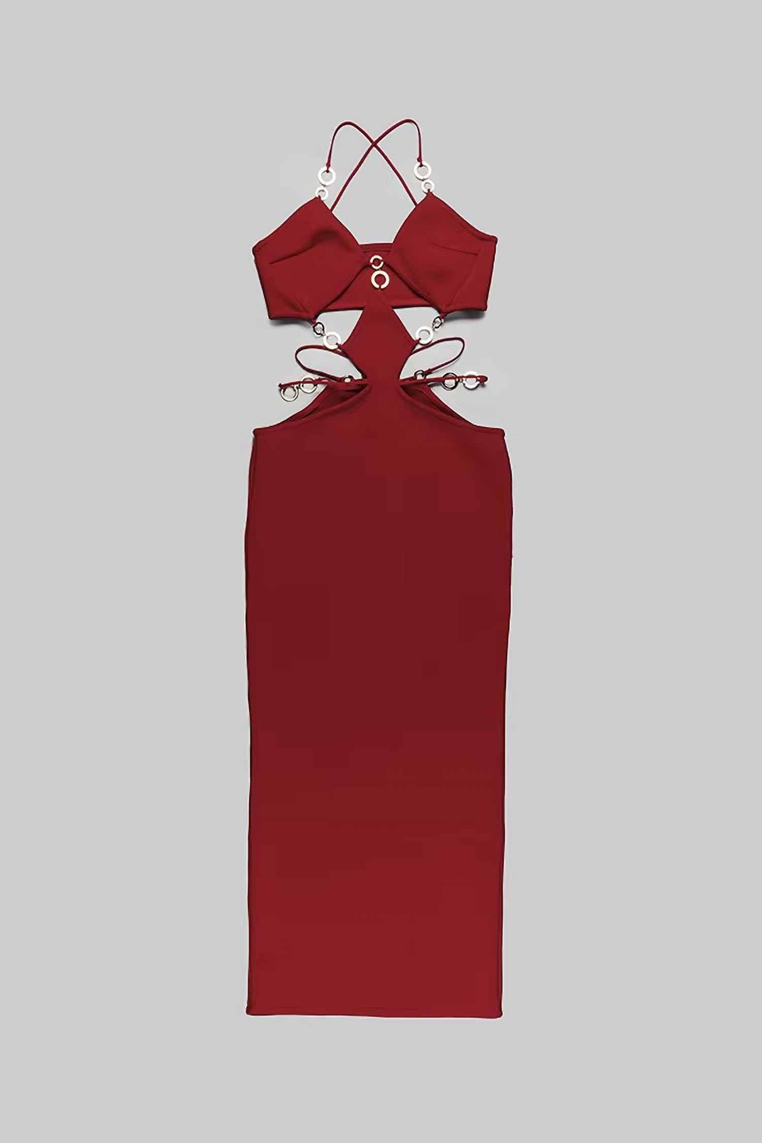 Red Gold Chain Cutout Bodycon Maxi Dress Dress