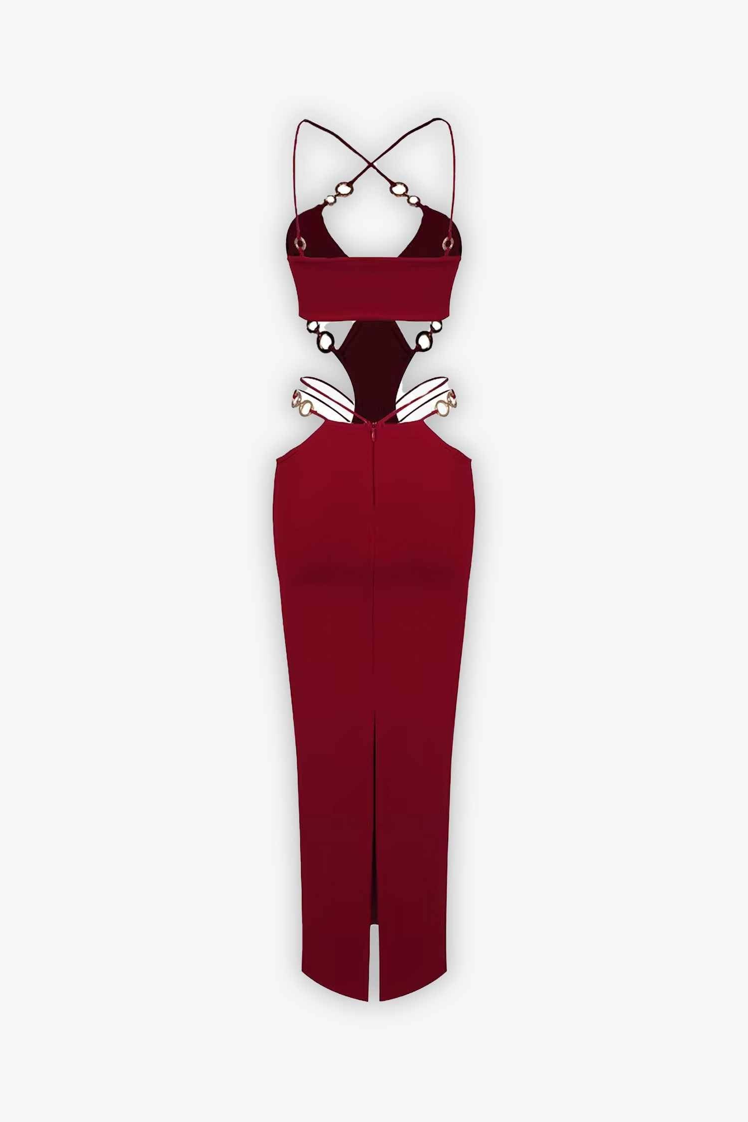 Red Gold Chain Cutout Bodycon Maxi Dress Dress