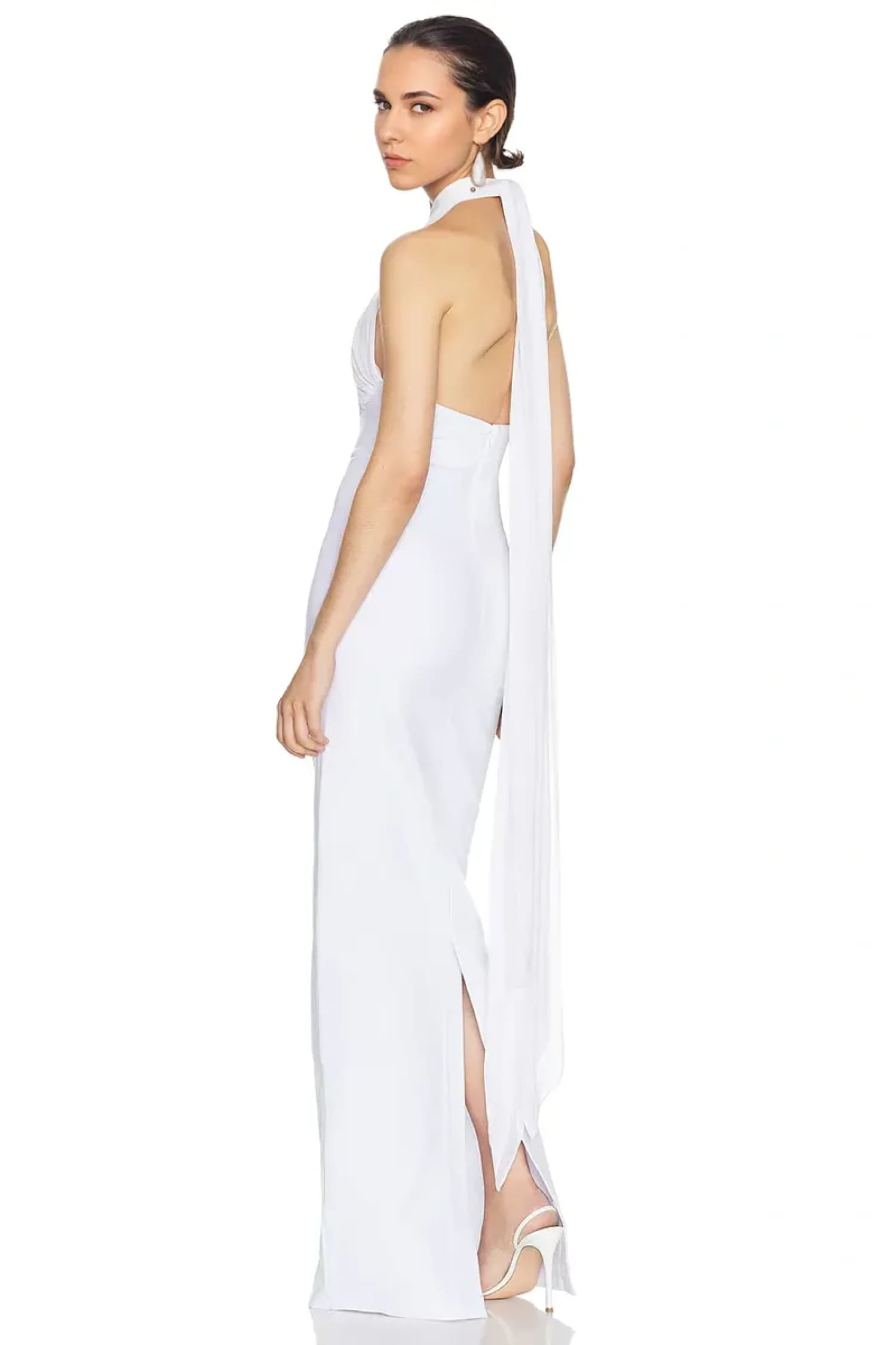 White Backless Plunge Maxi Dress