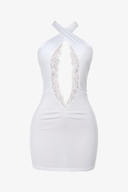 White Lace Trim Halter Cutout Mini Dress