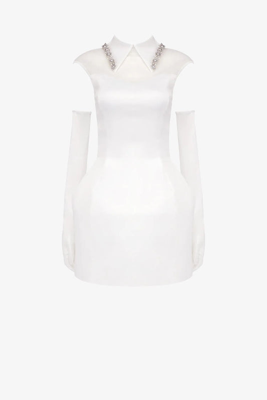 White Satin Fit & Flare Collared Mini Dress